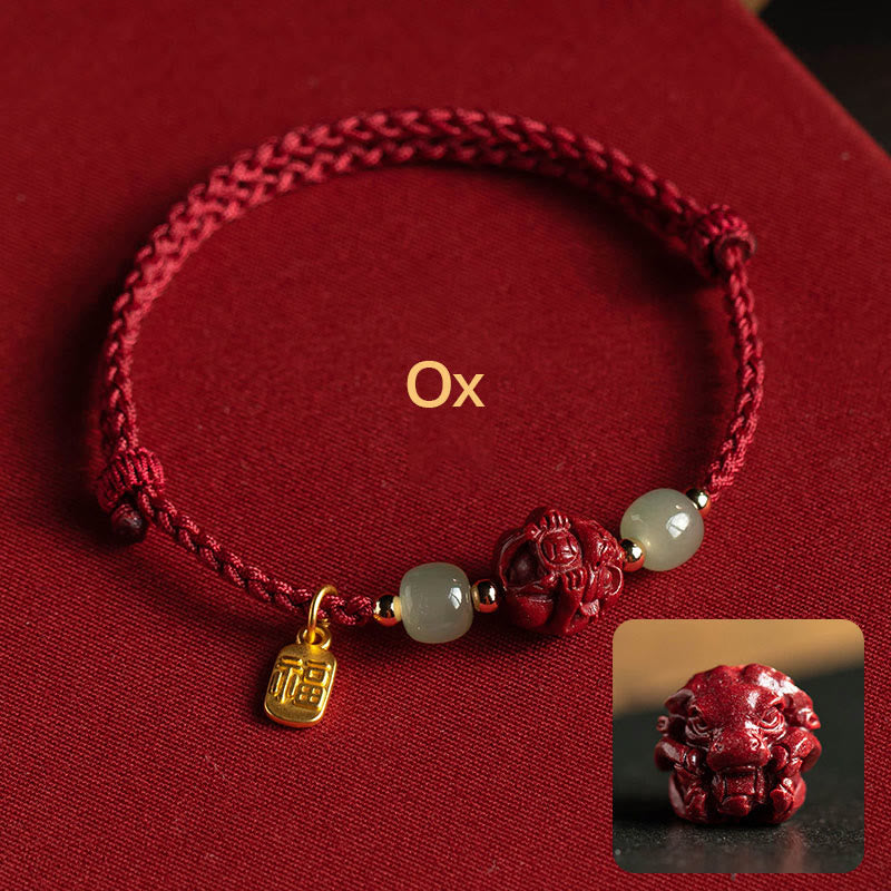 KarmaRipple's Authentic Cinnabar Chinese Zodiac Hetian Jade Fu Character Fortune Rope Bracelet p37