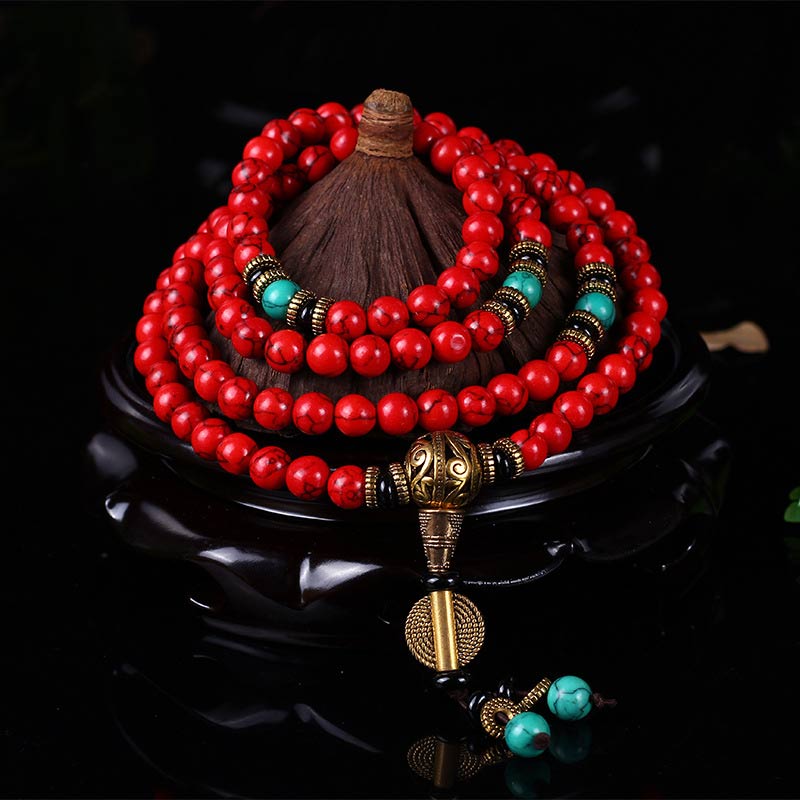 KarmaRipple's Tibetan Mala Red Turquoise Fortunate Pendant Bracelet p13