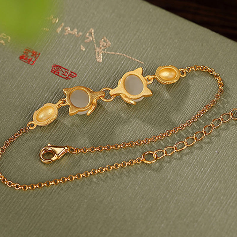 KarmaRipple's 925 Sterling Silver Authentic Hetian Ivory Jade Cyan Jade Lovely Fox Fortune Bracelet p11