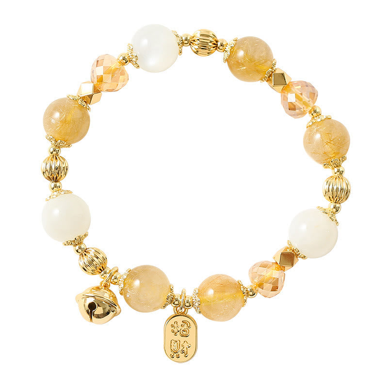 KarmaRipple's 14K Gold Plated Golden Rutilated Quartz Wealth Bell Fortunate Fortune Talisman Bracelet p10