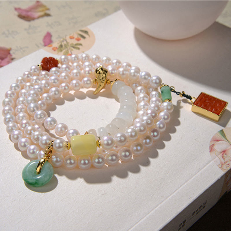KarmaRipple's 925 Sterling Silver Pearl Hetian Jade Red Agate Double Happiness Amber Fortune Quadruple Wrap Bracelet p8