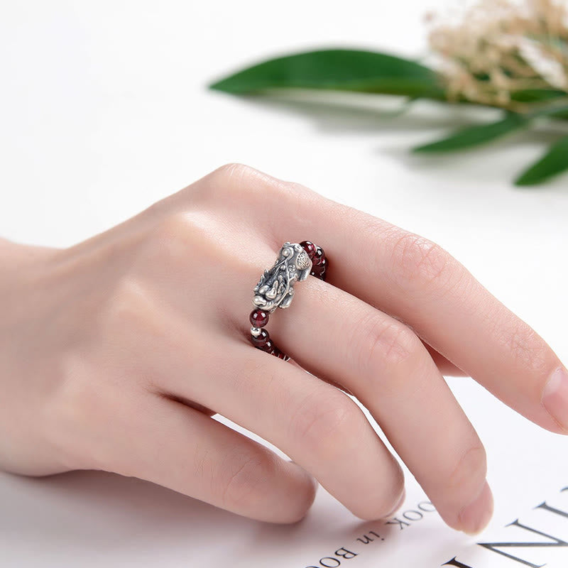 KarmaRipple's 925 Sterling Silver Authentic Garnet Moonstone Red Agate PiXiu Wealth Ring p7