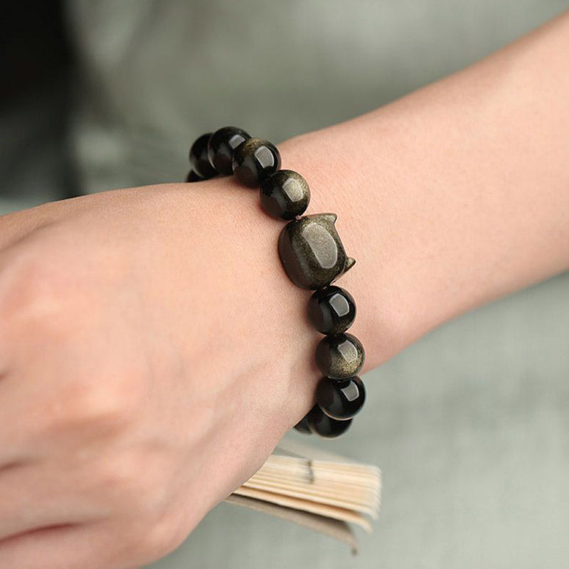KarmaRipple's Gold Sheen Obsidian Silver Sheen Obsidian Lovely Paw Fortunate Cat Protection Bracelet p19