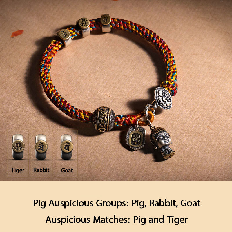 KarmaRipple's Handmade Tibetan 925 Sterling Silver Chinese Zodiac Natal Buddha Zakiram Goddess of Wealth Protection Multicolored Rope Woven Bracelet p67