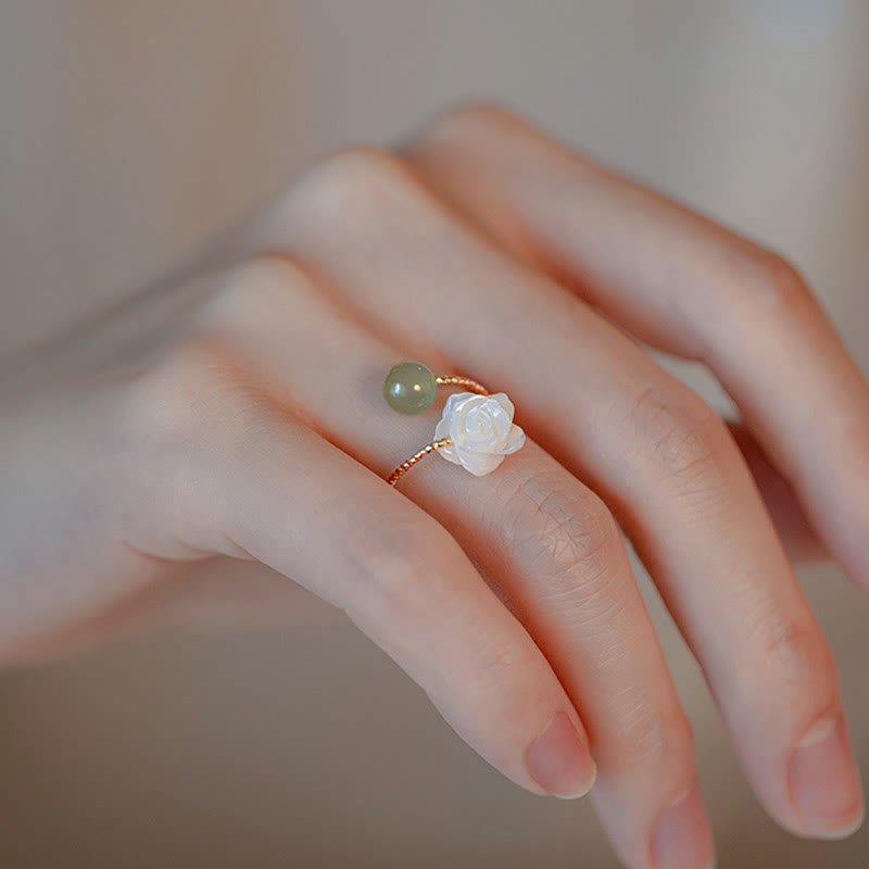 KarmaRipple's 14K Gold Plated Tridacna Stone'se Flower Jade Bead Blessing Ring p10