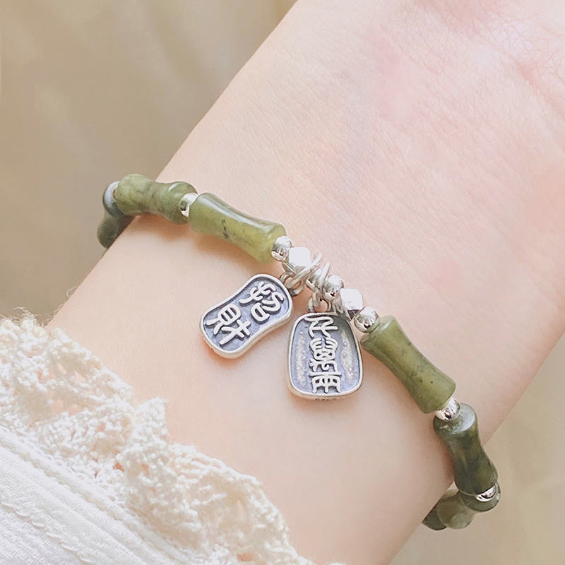 KarmaRipple's 925 Sterling Silver Bamboo Jade Fortunate Cat Fu Character Fortune Abundance Bracelet p10