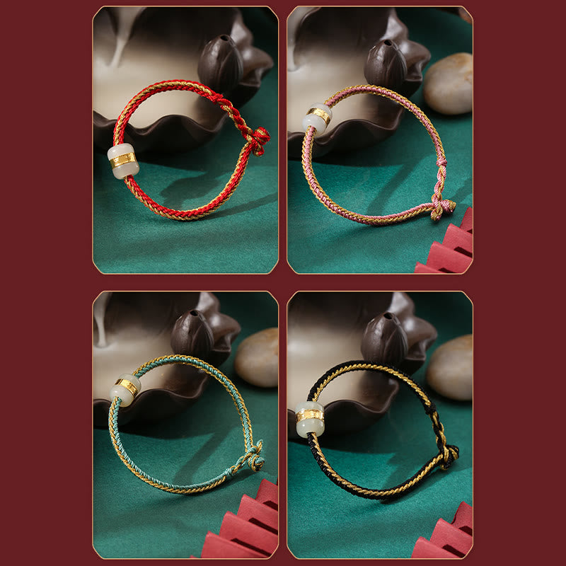 KarmaRipple's 999 Gold Hetian Ivory Jade Om Mani Padme Hum Fu Character Fortune Woven Bracelet p16