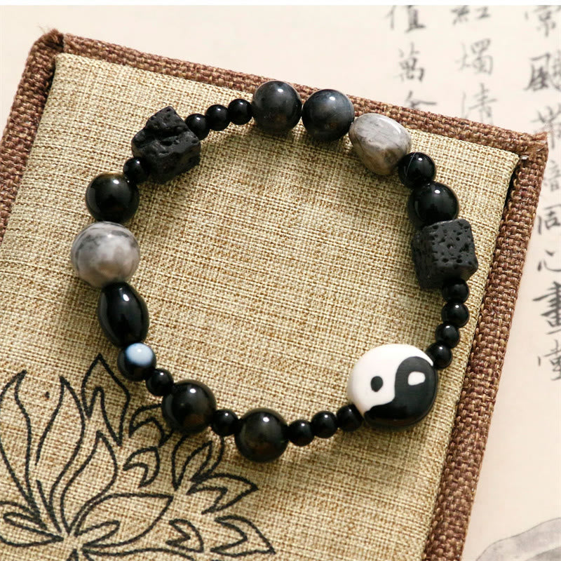 KarmaRipple's Black Onyx Picasso Jasper Bead Yin Yang Fortune Protection Bracelet p6