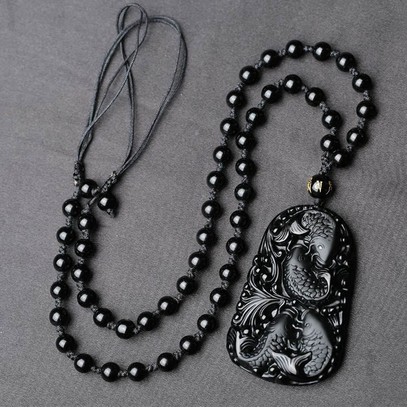 KarmaRipple's Black Obsidian Koi Fish Engraved Strength Beaded Pendant Necklace p10