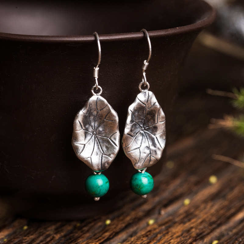 KarmaRipple's 925 Sterling Silver Turquoise Lotus Leaf Protection Drop Dangle Earrings p15