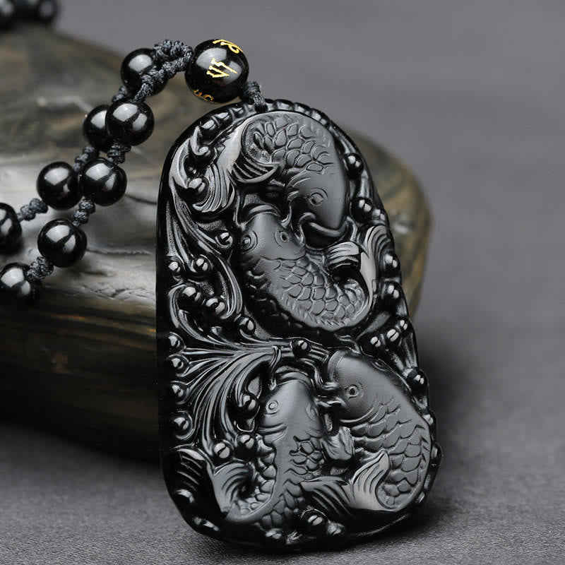 KarmaRipple's Black Obsidian Koi Fish Engraved Strength Beaded Pendant Necklace p2
