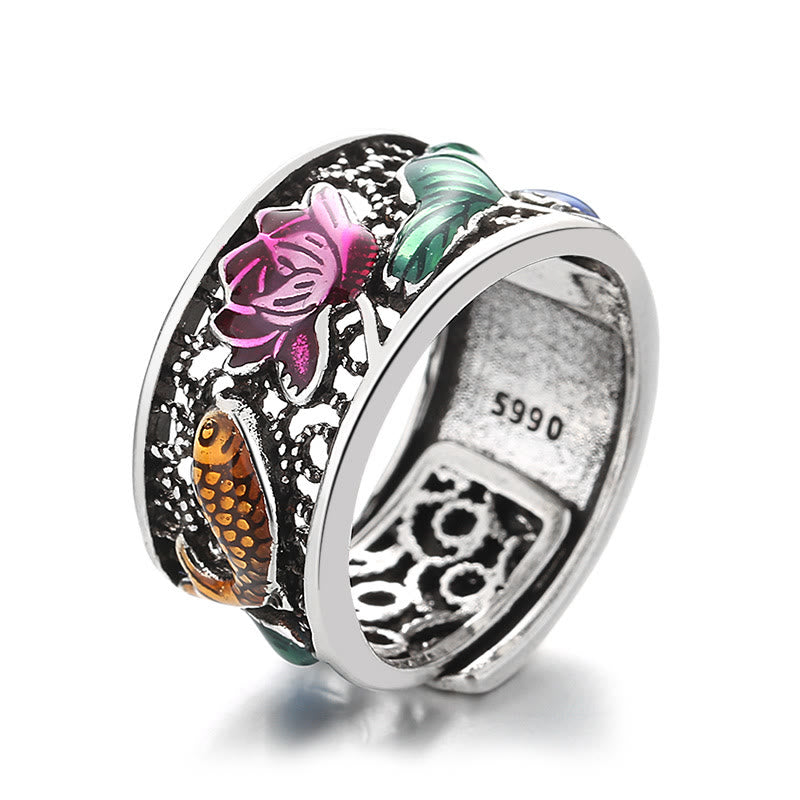 KarmaRipple's Bronze Blue Enamel Lotus Heart Sutra Koi Fish Fortune Ring p12