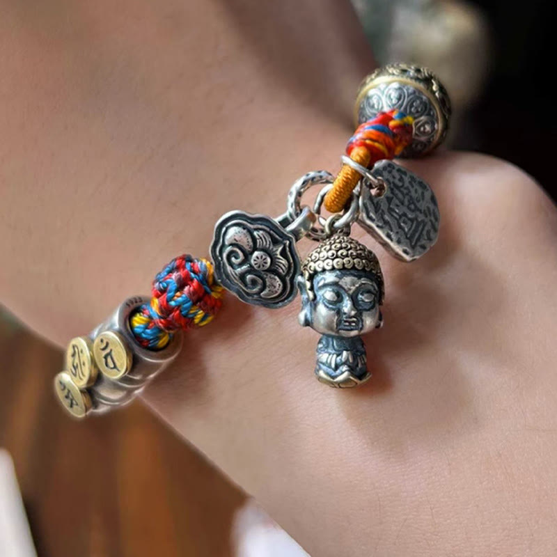 KarmaRipple's Handmade Tibetan 925 Sterling Silver Chinese Zodiac Natal Buddha Zakiram Goddess of Wealth Protection Multicolored Rope Woven Bracelet p20