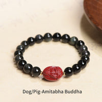 Bracelet de purification en obsidienne noire et cinabre authentique avec Bouddha du zodiaque chinois de KarmaRipple