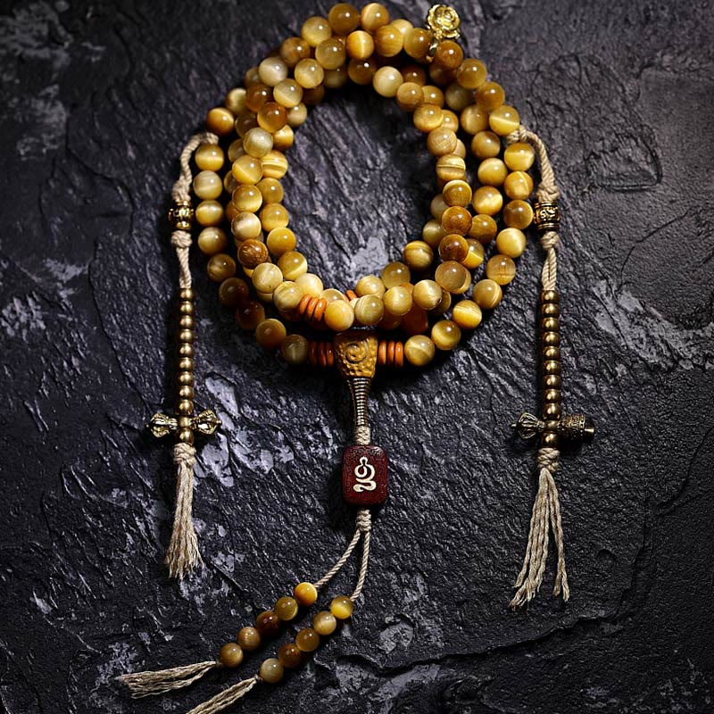 KarmaRipple's 108 Mala Beadwork Authentic Tiger Eye Bronze Dorje Protection Tassel Bracelet p2