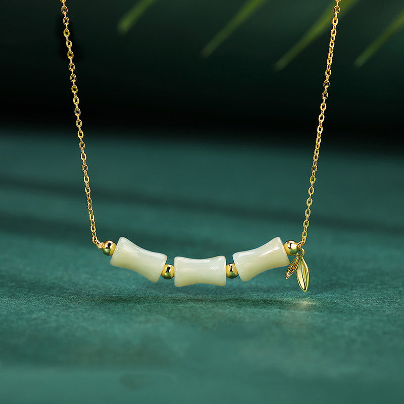 KarmaRipple's 925 Sterling Silver Hetian Jade Bamboo Fu Character Prosperity Pendant Necklace Bracelet p18