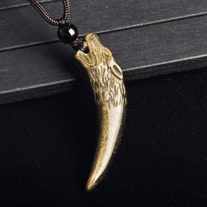 KarmaRipple's Authentic Black Obsidian Ice Obsidian Rainbow Obsidian Wolf Tooth Pattern Strength Pendant Necklace p28