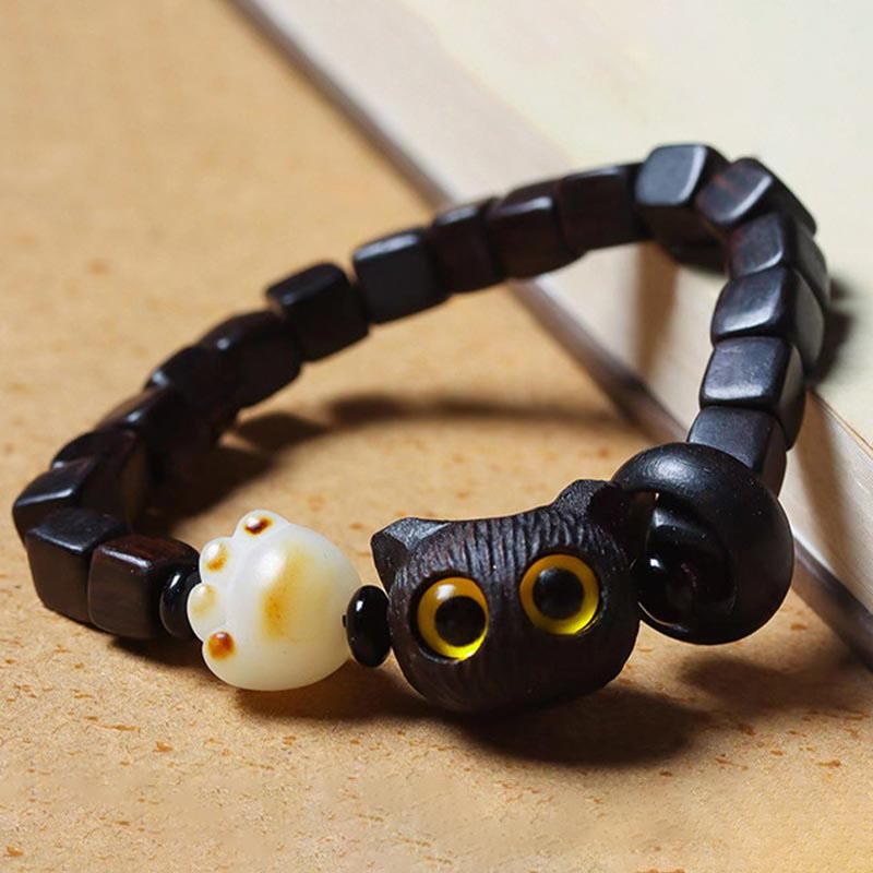 KarmaRipple's Ebony Wood Cute Cat Bodhi Seed Paw Claw Square Beadwork Calm Bracelet p3