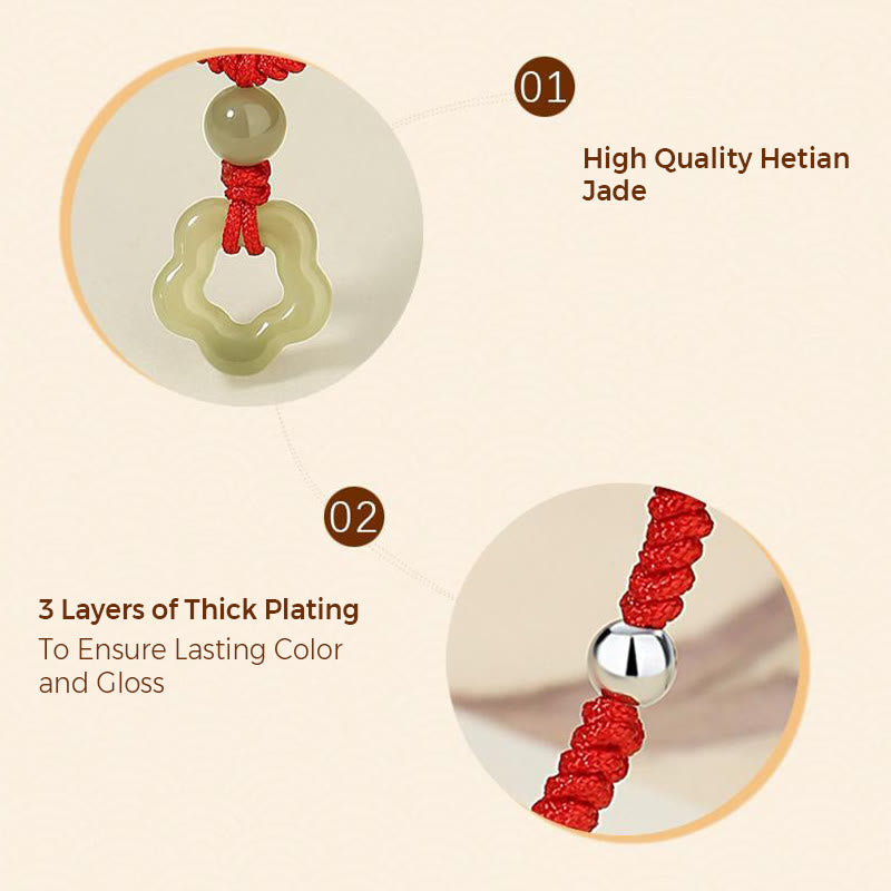 KarmaRipple's 925 Sterling Silver Authentic Hetian Cyan Jade Flower Pentagram Fortune Red Rope Pendant Necklace Bracelet Set p7