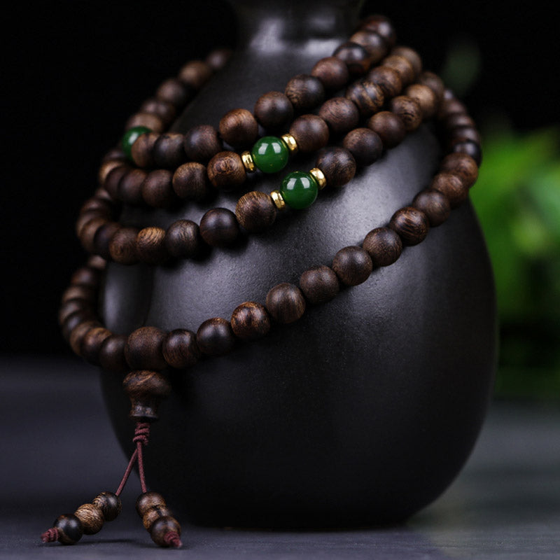 KarmaRipple's 108 Mala Beadwork Indonesia Tarakan Rare Agarwood Cyan Jade Ward Off Evil Spirits Bracelet p12