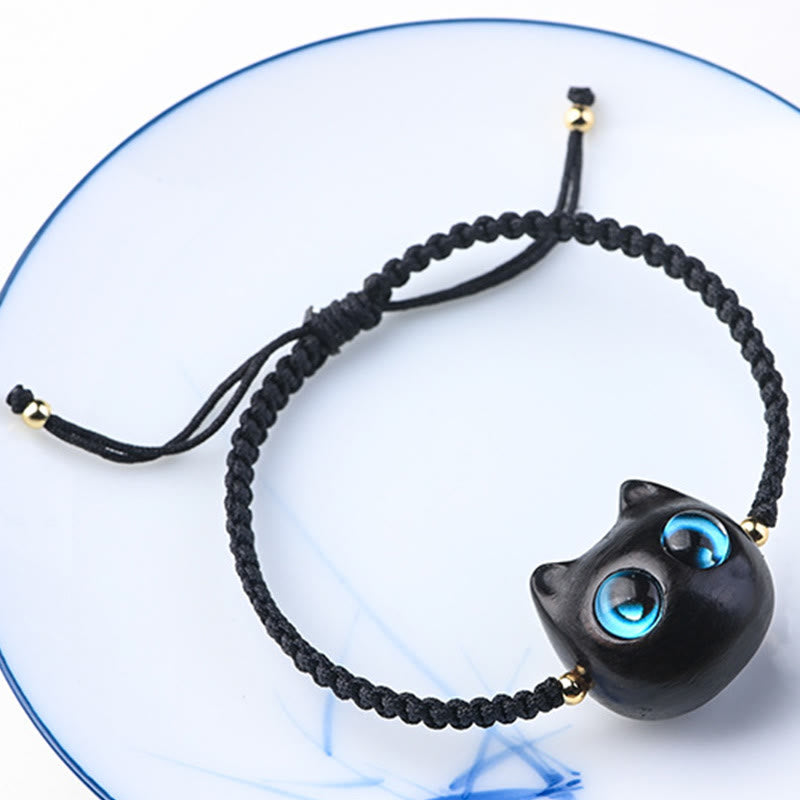 KarmaRipple's Small Leaf Red Sandalwood Ebony Wood Cute Cat Head Calm Protection Woven Bracelet p13