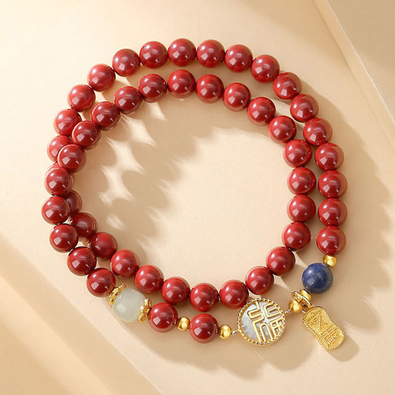 KarmaRipple's 925 Sterling Silver Cinnabar Tridacna Stone Fu Character Double Wrap Blessing Bracelet p5