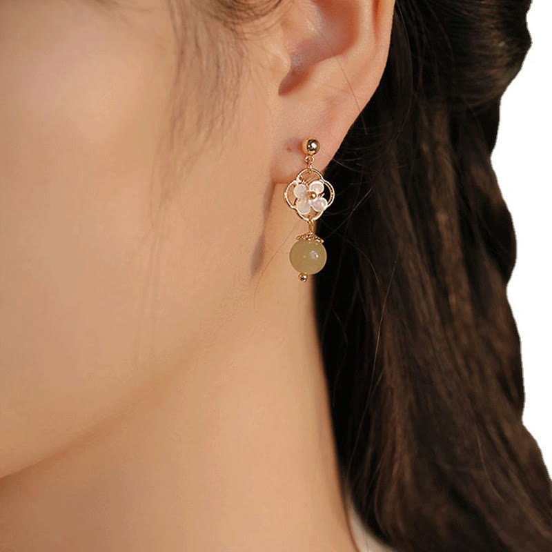 KarmaRipple's Tridacna Stone Flower Jade Bead Blessing Drop Earrings p11