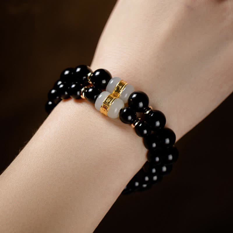 KarmaRipple's Black Obsidian Jade Om Mani Padme Hum Strength Pair Magnetic Bracelet p11