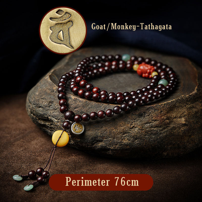KarmaRipple's Chinese Zodiac Natal Buddha 108 Mala Beadwork Small Leaf Red Sandalwood Red Agate PiXiu Protection Bracelet p42