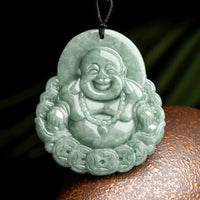 Collier pendentif en bronze et jade authentique représentant le Bouddha rieur de KarmaRipple