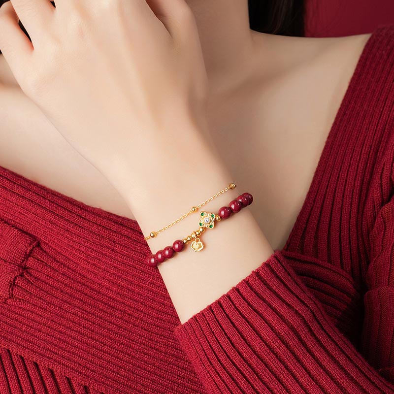 KarmaRipple's 925 Sterling Silver Authentic Cinnabar Four Leaf Clover Flower Blessing Chain Bracelet p7