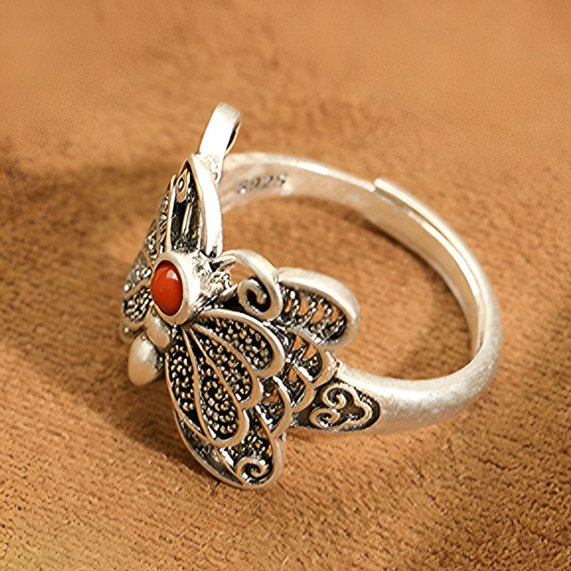 KarmaRipple's 925 Sterling Silver Red Agate Butterfly Self-acceptance Ring Earrings Set p6