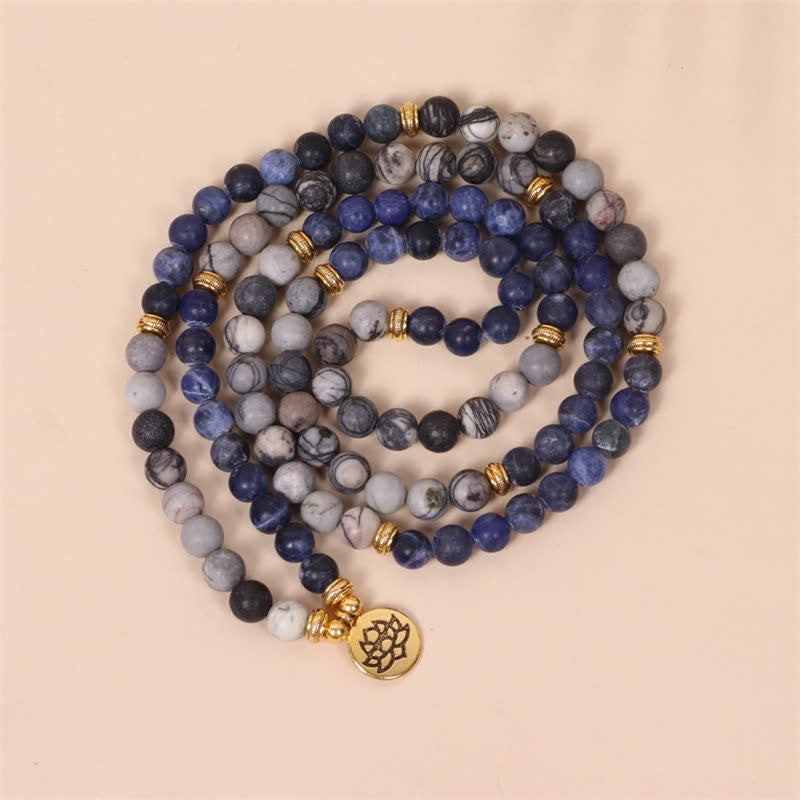 KarmaRipple's 108 Mala Beadwork Sodalite Zebra Jasper Gemstone Lotus Strength Bracelet p3