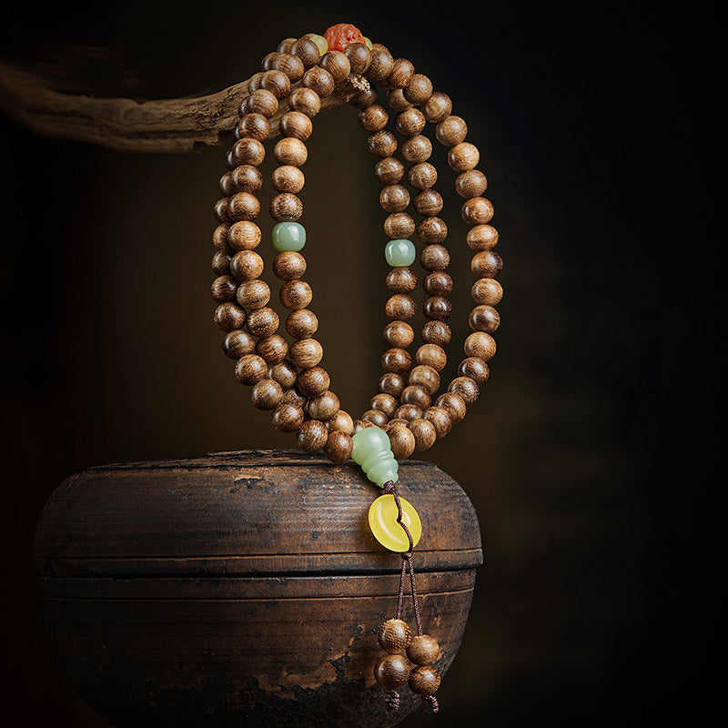 KarmaRipple's 108 Mala Beadwork Kalimantan Agarwood Gourd Jade Amber Balance Bracelet p5