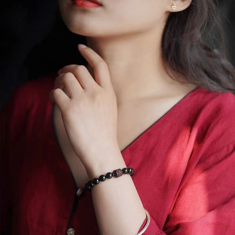 KarmaRipple's Authentic Gold Sheen Obsidian Rainbow Obsidian Om Mani Padme Hum Fu Character Balancing Bracelet p45