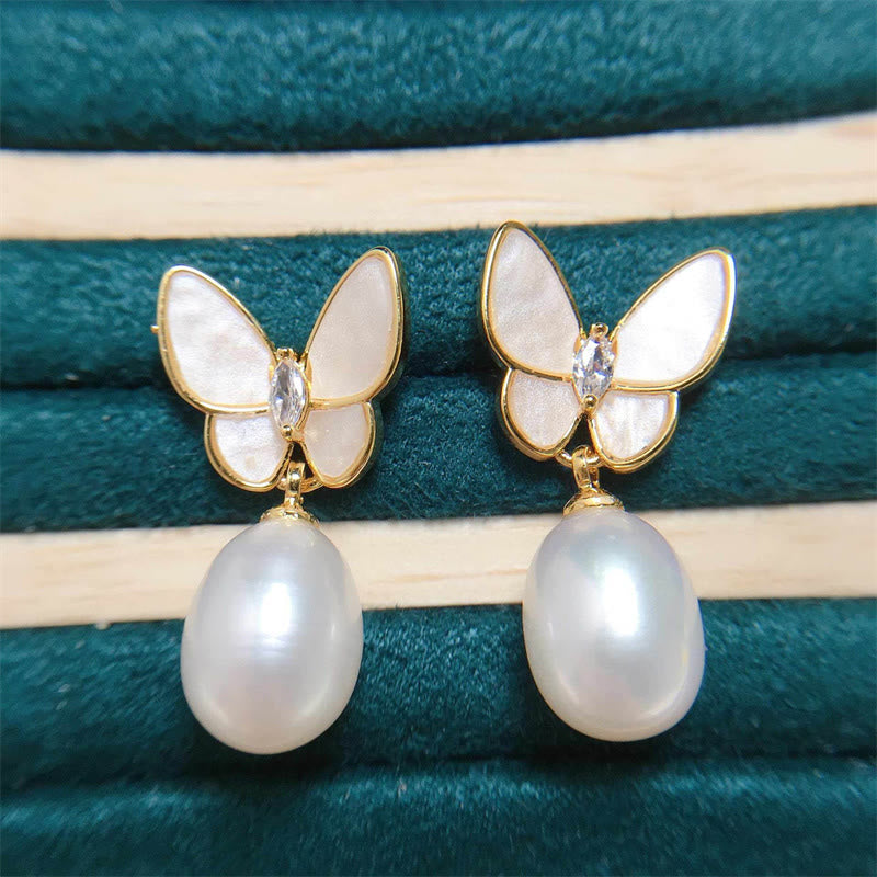 KarmaRipple's 925 Sterling Silver Posts 18K Gold Plated Bronze Pearl Butterfly Optimism Stud Earrings p1