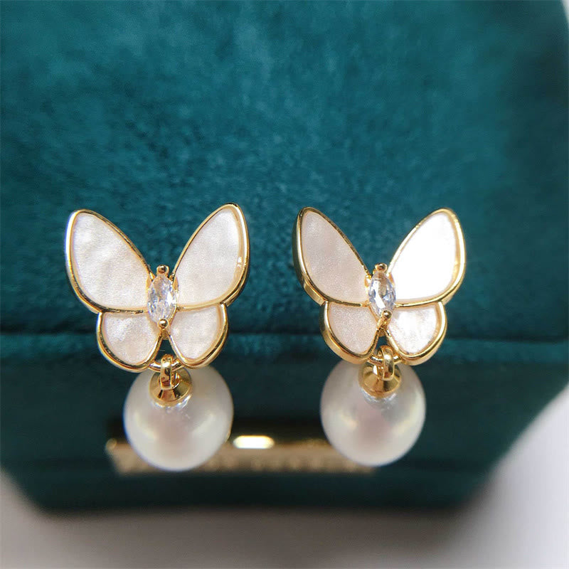KarmaRipple's 925 Sterling Silver Posts 18K Gold Plated Bronze Pearl Butterfly Optimism Stud Earrings p5