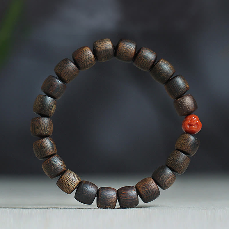 KarmaRipple's Nha Trang Rare Bai Qinan Agarwood Cyan Jade Red Agate Laughing Buddha Tibetan Bone Strength Meditation Bracelet p3