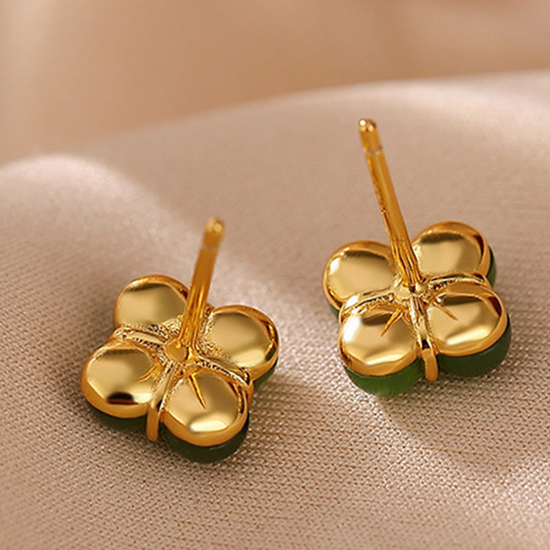 KarmaRipple's 925 Sterling Silver Plated Gold Authentic Cyan Jade Four Leaf Clover Fortune Stud Earrings p5