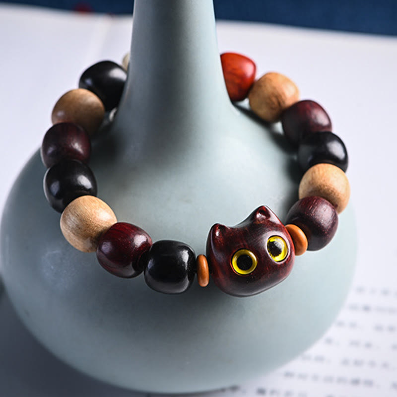 KarmaRipple's Small Leaf Red Sandalwood Ebony Wood Cute Cat Engraved Protection Bracelet p13