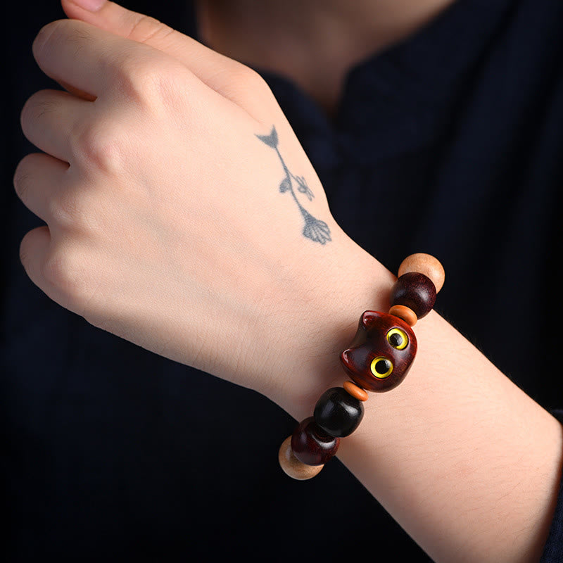 KarmaRipple's Small Leaf Red Sandalwood Ebony Wood Cute Cat Engraved Protection Bracelet p15