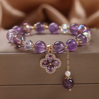 Bracelet d'équilibrage spirituel en améthyste authentique de KarmaRipple, trèfle à quatre feuilles