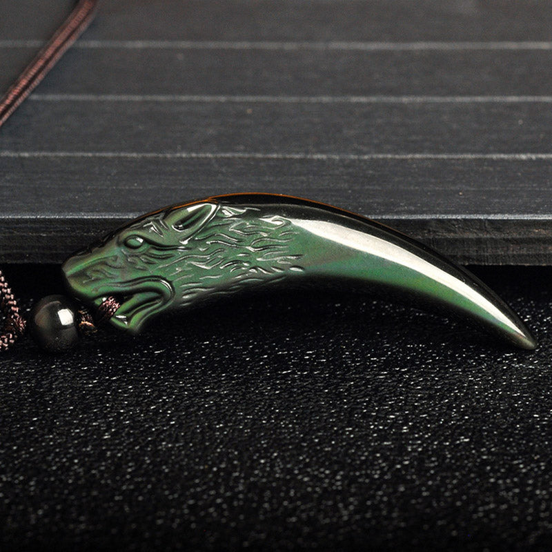 KarmaRipple's Authentic Black Obsidian Ice Obsidian Rainbow Obsidian Wolf Tooth Pattern Strength Pendant Necklace p19