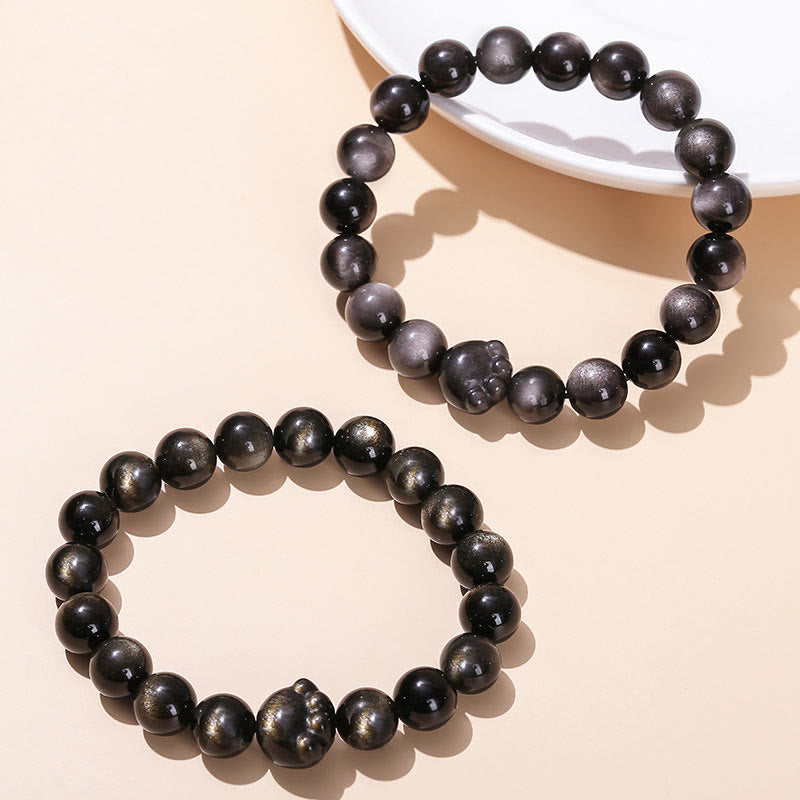 KarmaRipple's Authentic Gold Sheen Obsidian Silver Sheen Obsidian Cute Cat Paw Claw Wealth Bracelet p3
