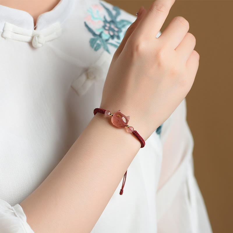 KarmaRipple's Handmade Authentic Silver Sheen Obsidian Strawberry Quartz Cute Cat Protection Woven Bracelet p13