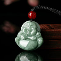 Collier pendentif Bouddha rieur en jade vert authentique de KarmaRipple, symbole de la fortune et de l'abondance