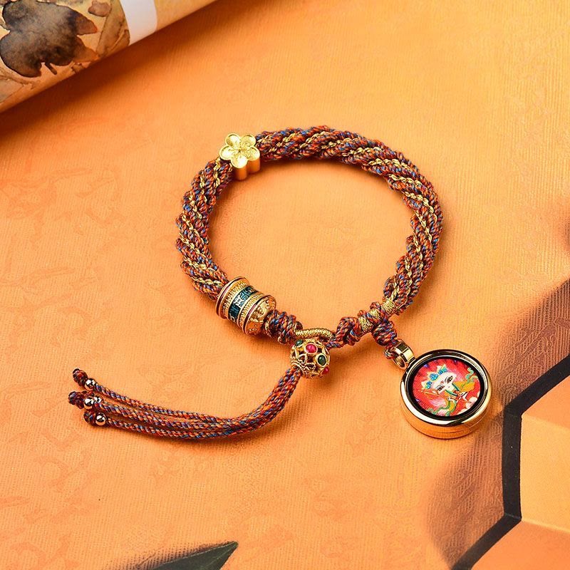 KarmaRipple's Tibet Handmade Five God Of Wealth Fortune Thangka Amulet Prayer Wheel Flower Talisman Weave String Bracelet p5