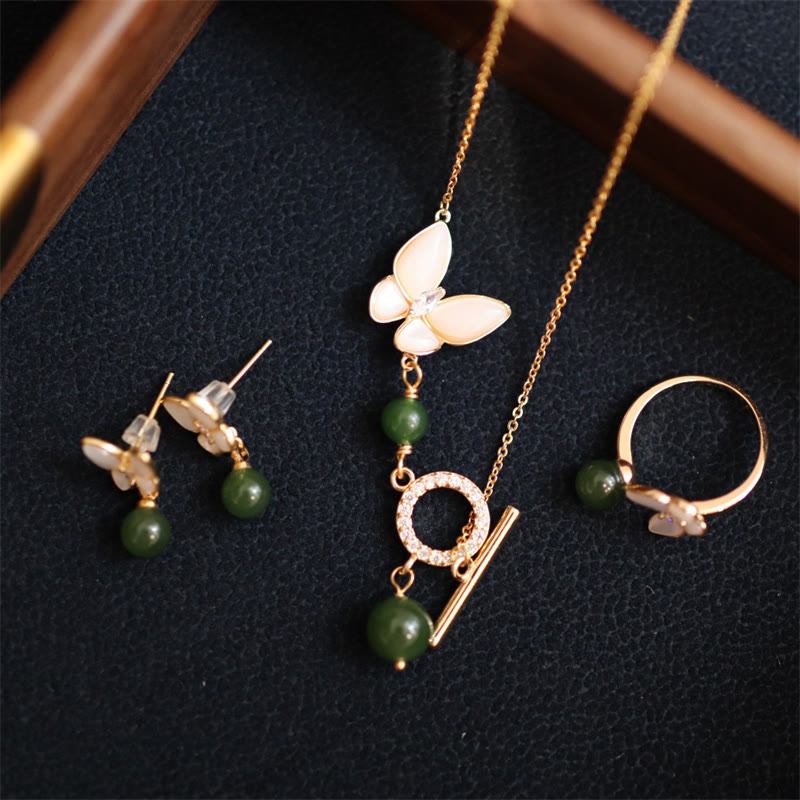 KarmaRipple's Authentic Cyan Jade Tridacna Stone Butterfly Bead Balancing Pendant Necklace Ring Earrings p16