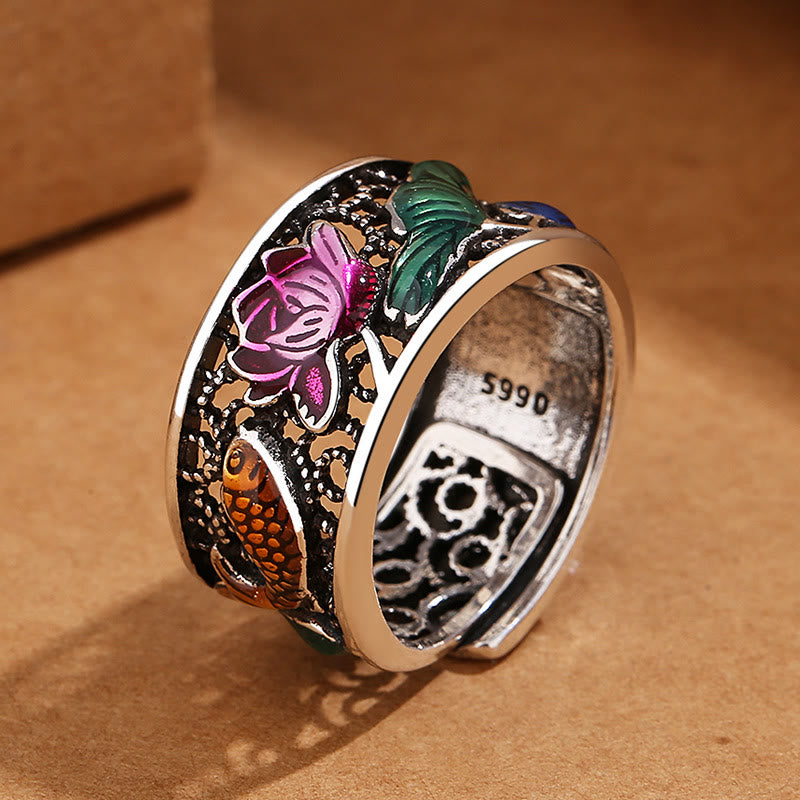 KarmaRipple's Bronze Blue Enamel Lotus Heart Sutra Koi Fish Fortune Ring p3