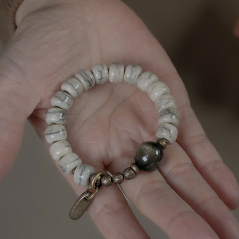 KarmaRipple's Tibetan Yak Bone Gold Sheen Obsidian Brass Bead Strength Bracelet p14